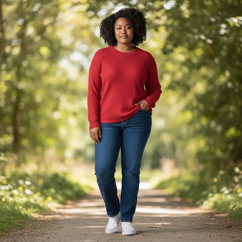 Designs & Co Lane Bryant Top 22/24 Red Excellent Ribbed Long Sleeve Crew Neck